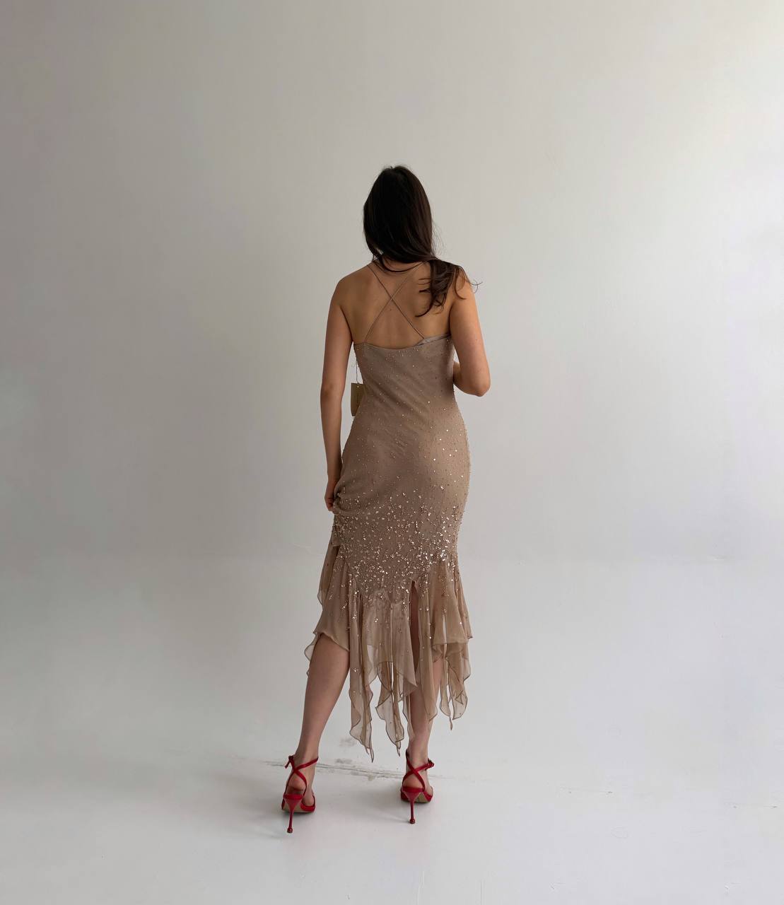 Vintage pure silk nude beaded dress
