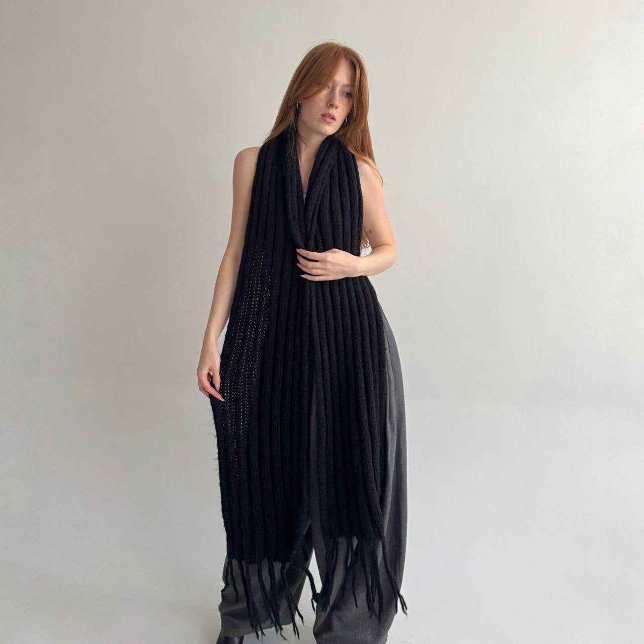 Vintage black knitted warm scarf with tassels