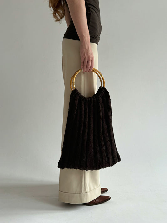 Vintage dark brown knitted hobo bag with bamboo round handle