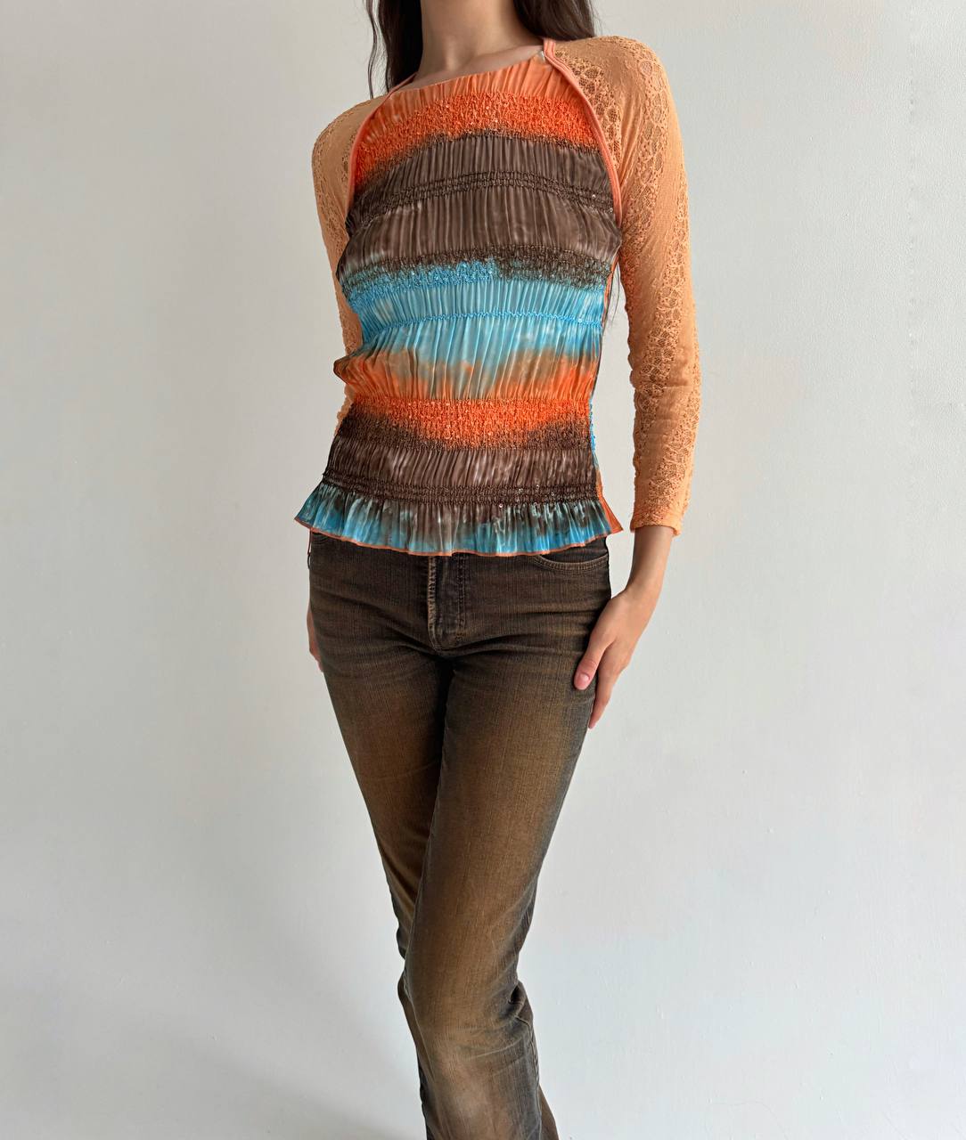Vintage orange tie dye gathered lace top