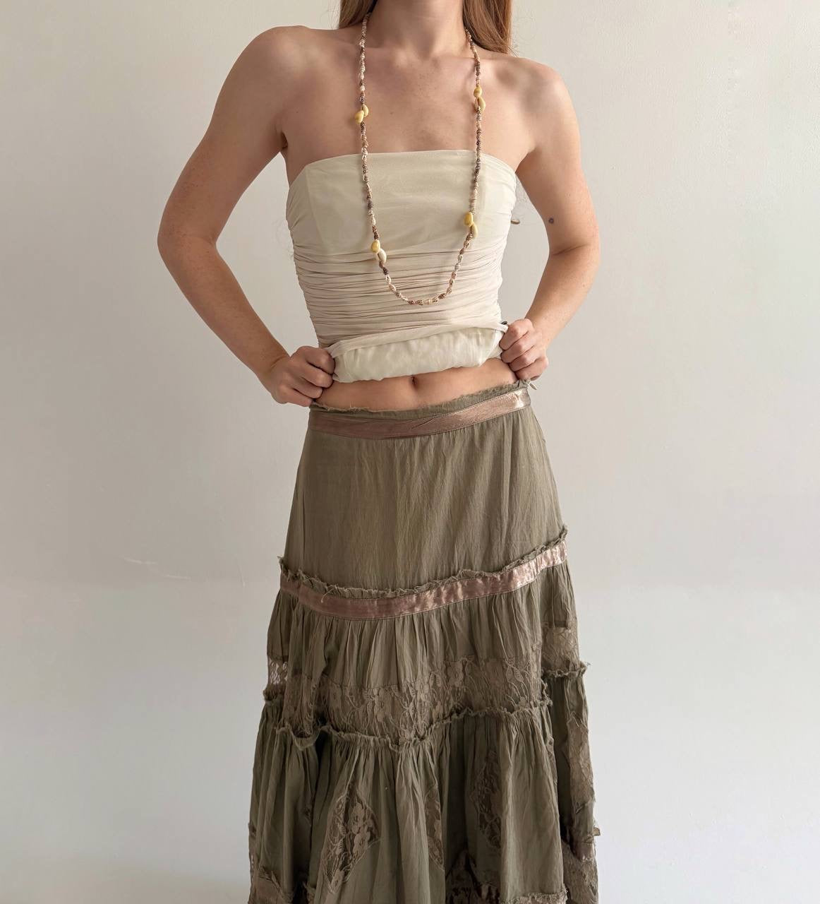 Vintage cotton long ruched skirt with lace