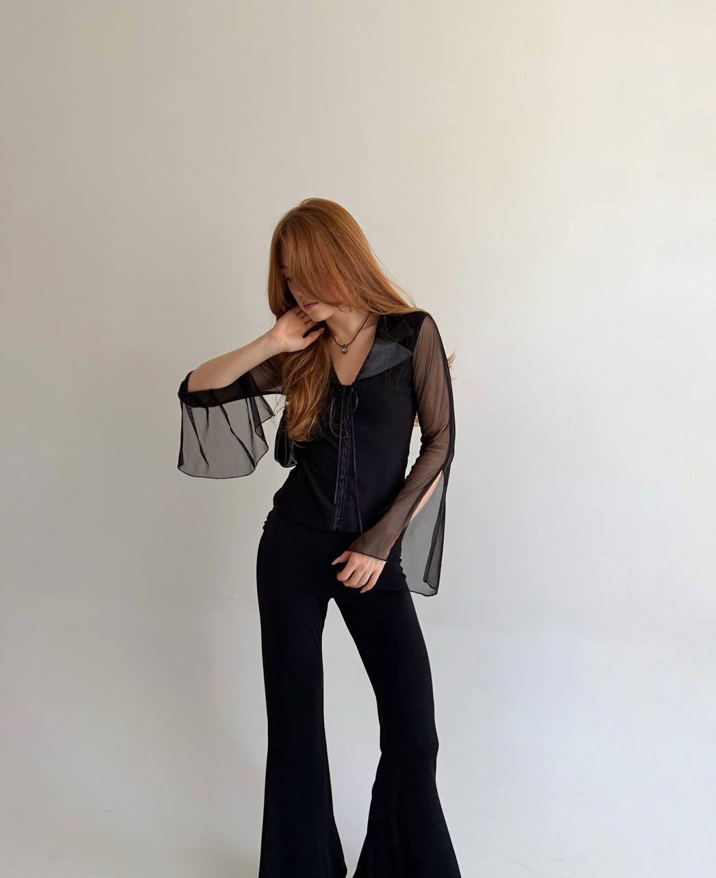 Vintage black blouse with sheer sleeves