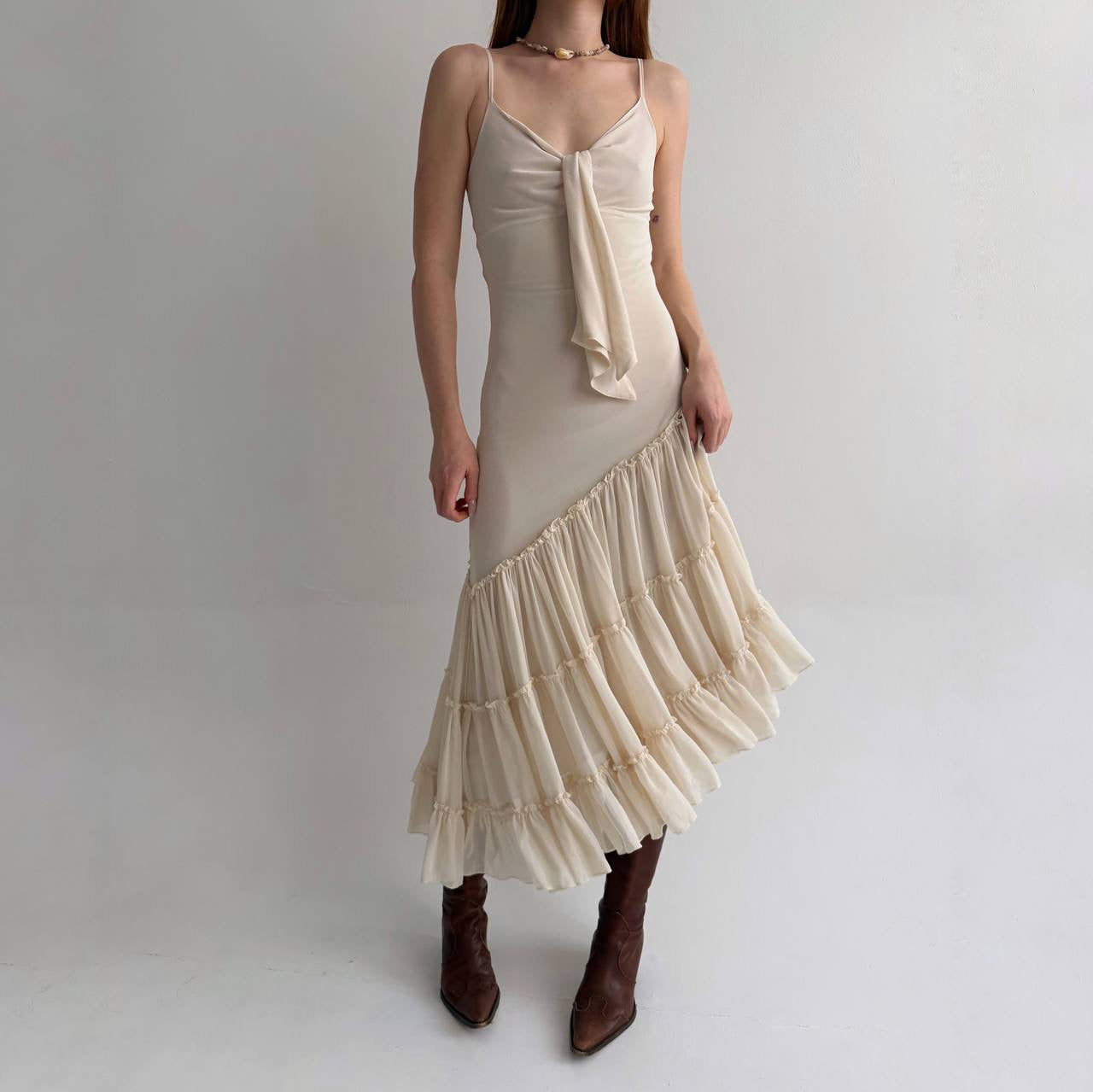 Vintage asymmetrical dress with pleated ruched bottom