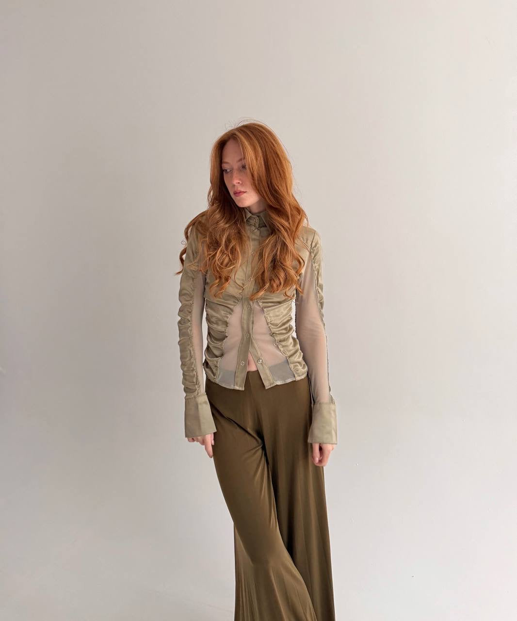 Vintage viscose olive green satin button-up blouse