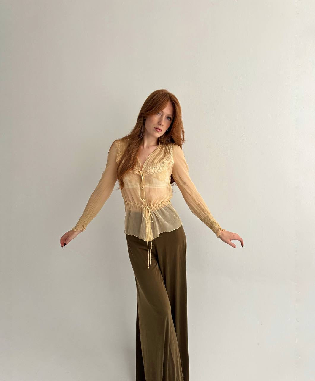 Vintage beige semi transparent blouse with lace