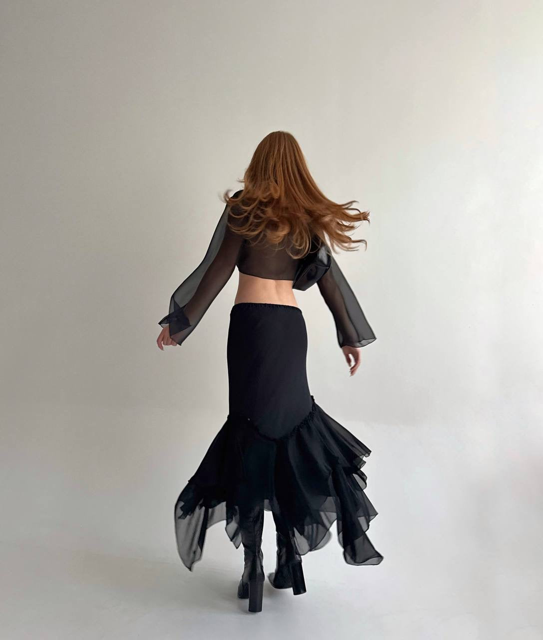 Vintage viscose black asymmetrical layered bottom skirt with ruched detail