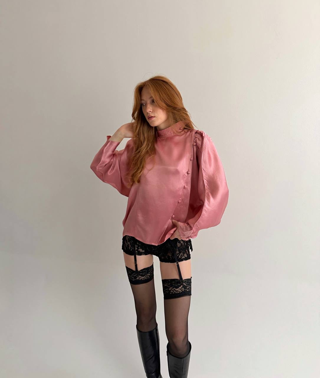 Vintage 100% viscose dusty rose pink satin blouse