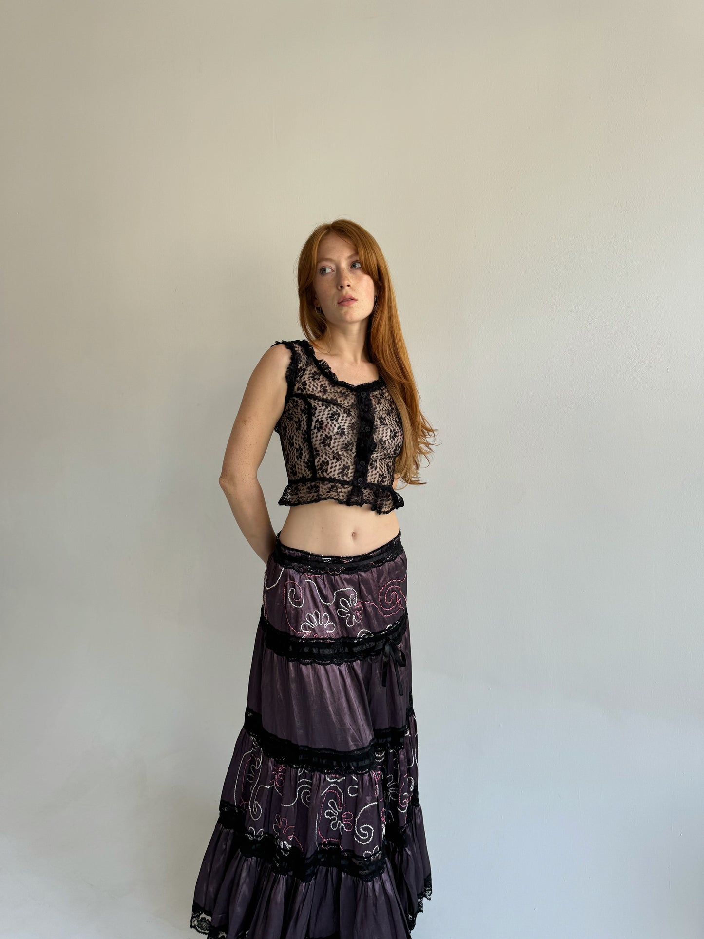 Vintage whimsigoth purple embroidered maxi skirt