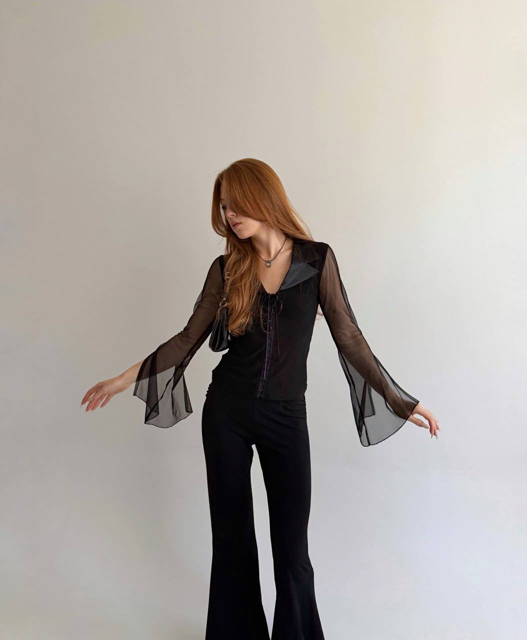 Vintage black blouse with sheer sleeves