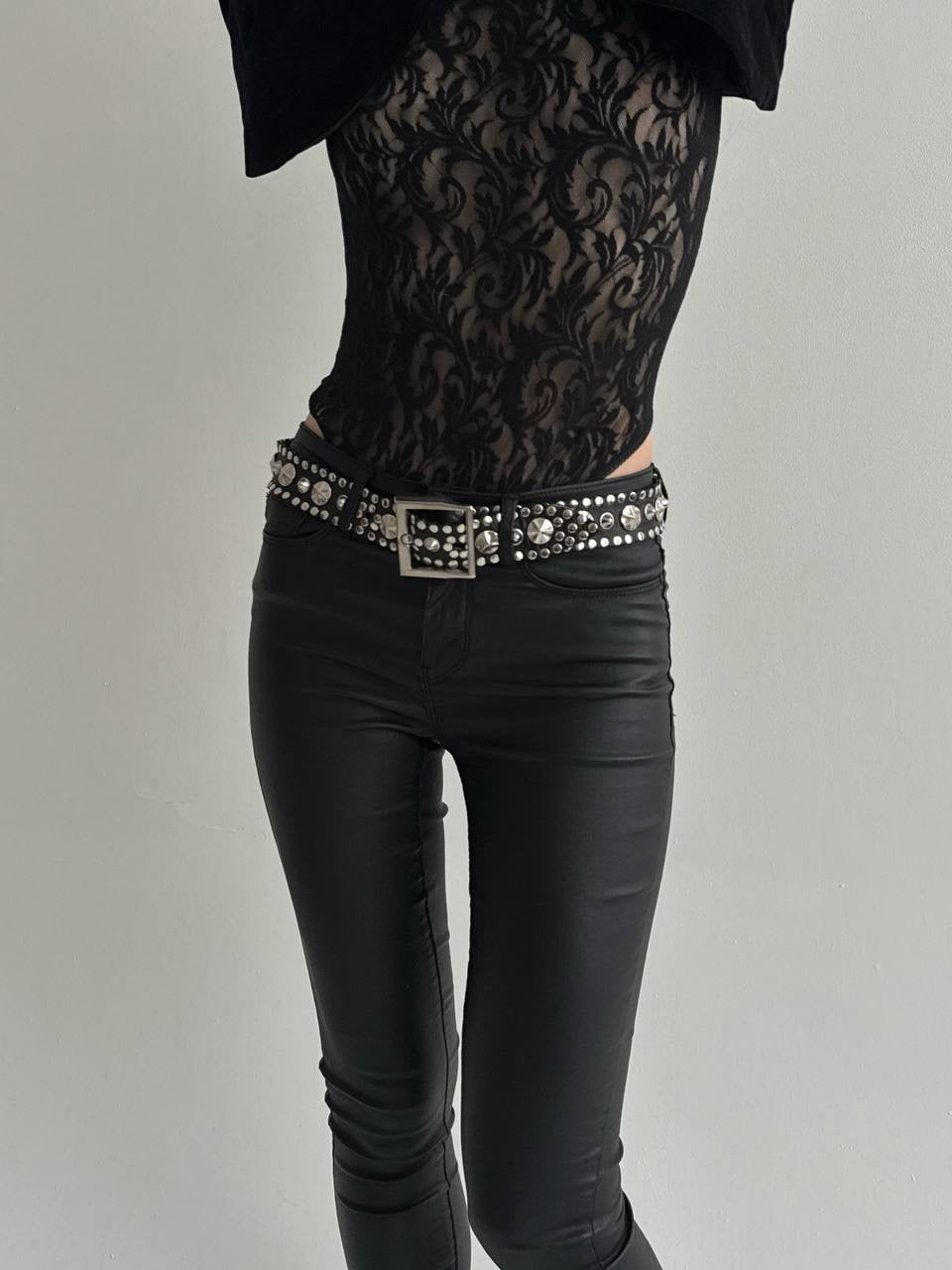 Vintage genuine leather black studded belt