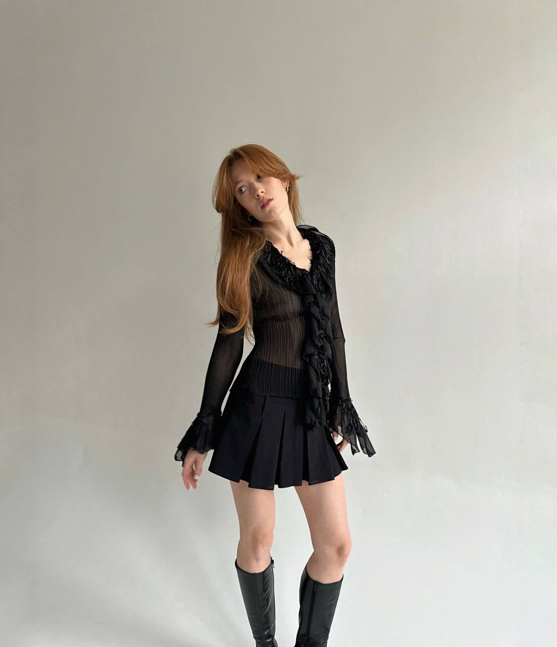 Vintage black transparent pleated blouse