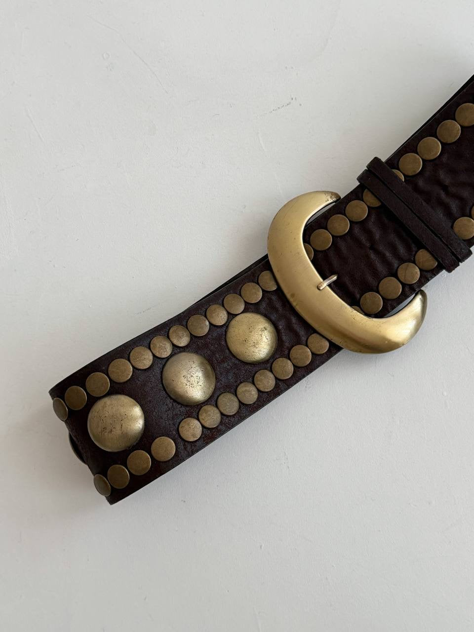 Vintage faux leather brown wide belt with gold tone details and big buckle