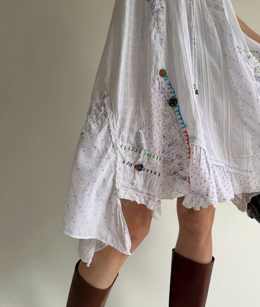 Vintage asymmetrical cotton dress with abstract embroidery