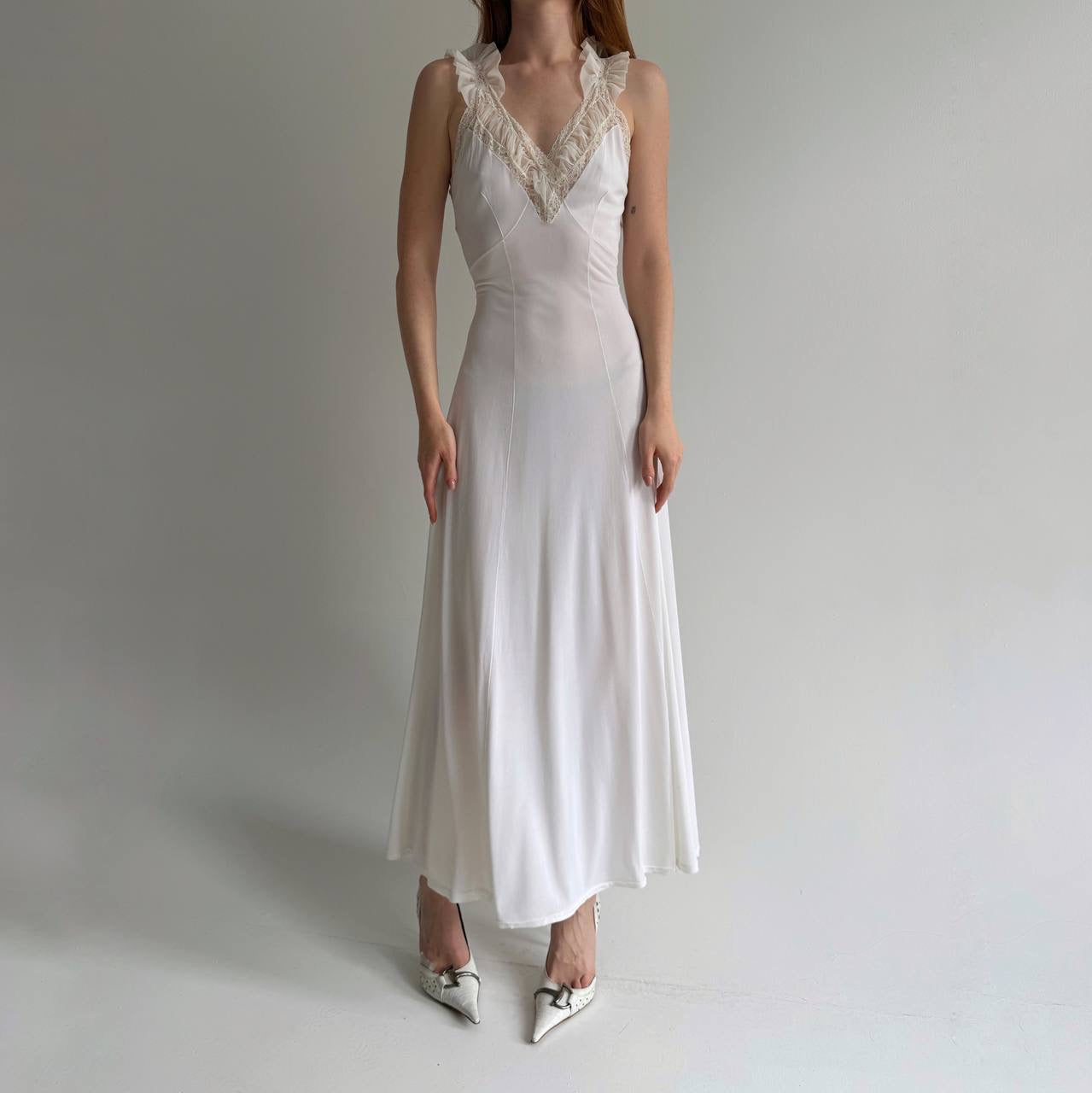 Vintage white long nighgown with lace and back tie