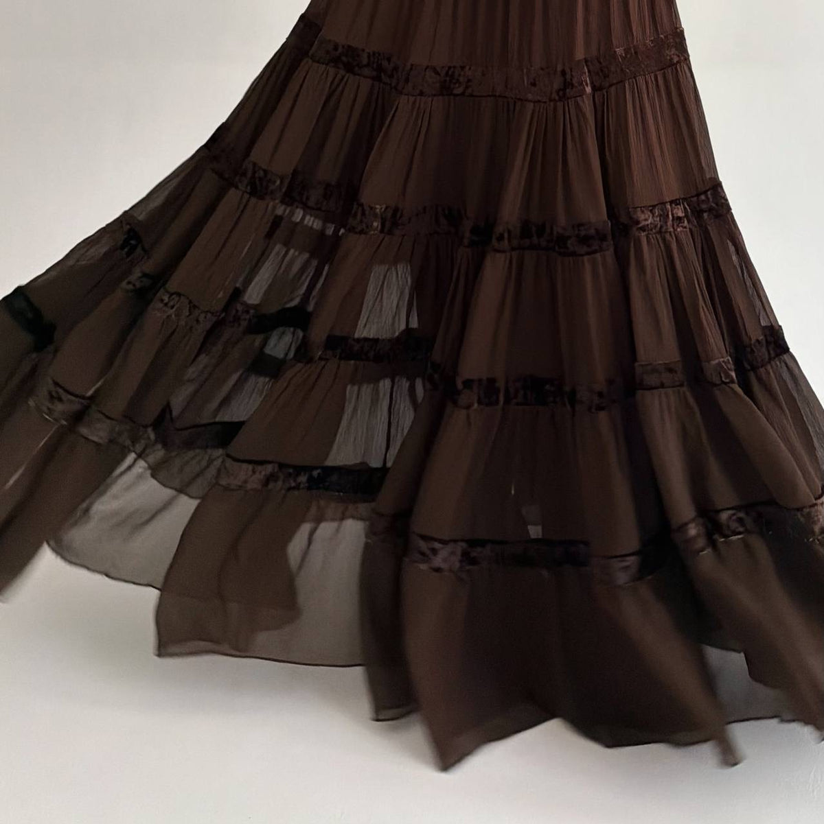 Vintage viscose brown sheer ruched maxi skirt
