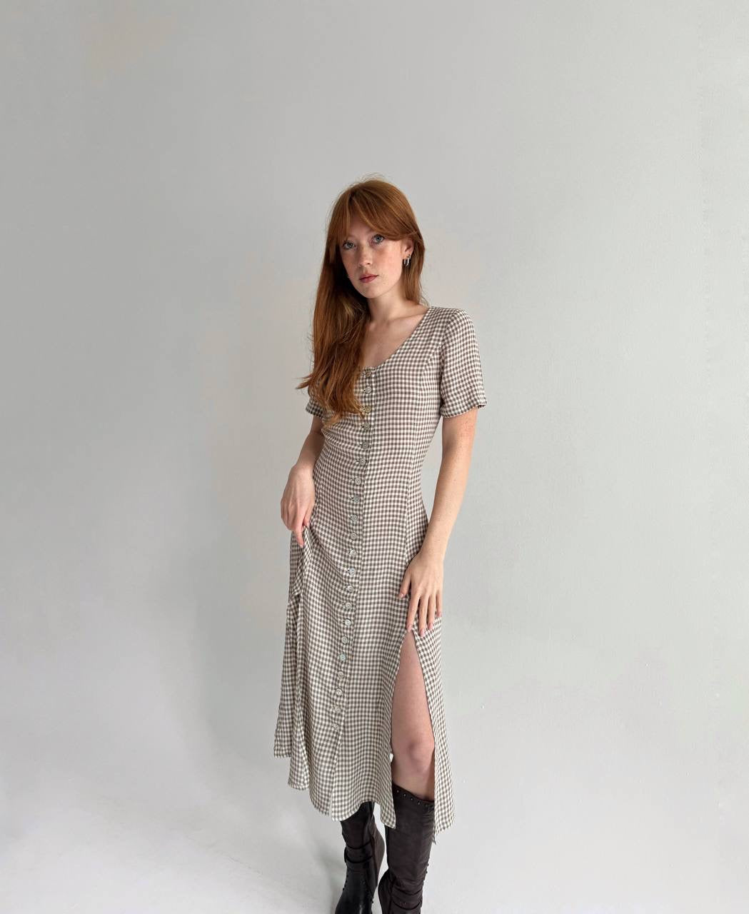 Vintage viscose checked dress with a waist tie