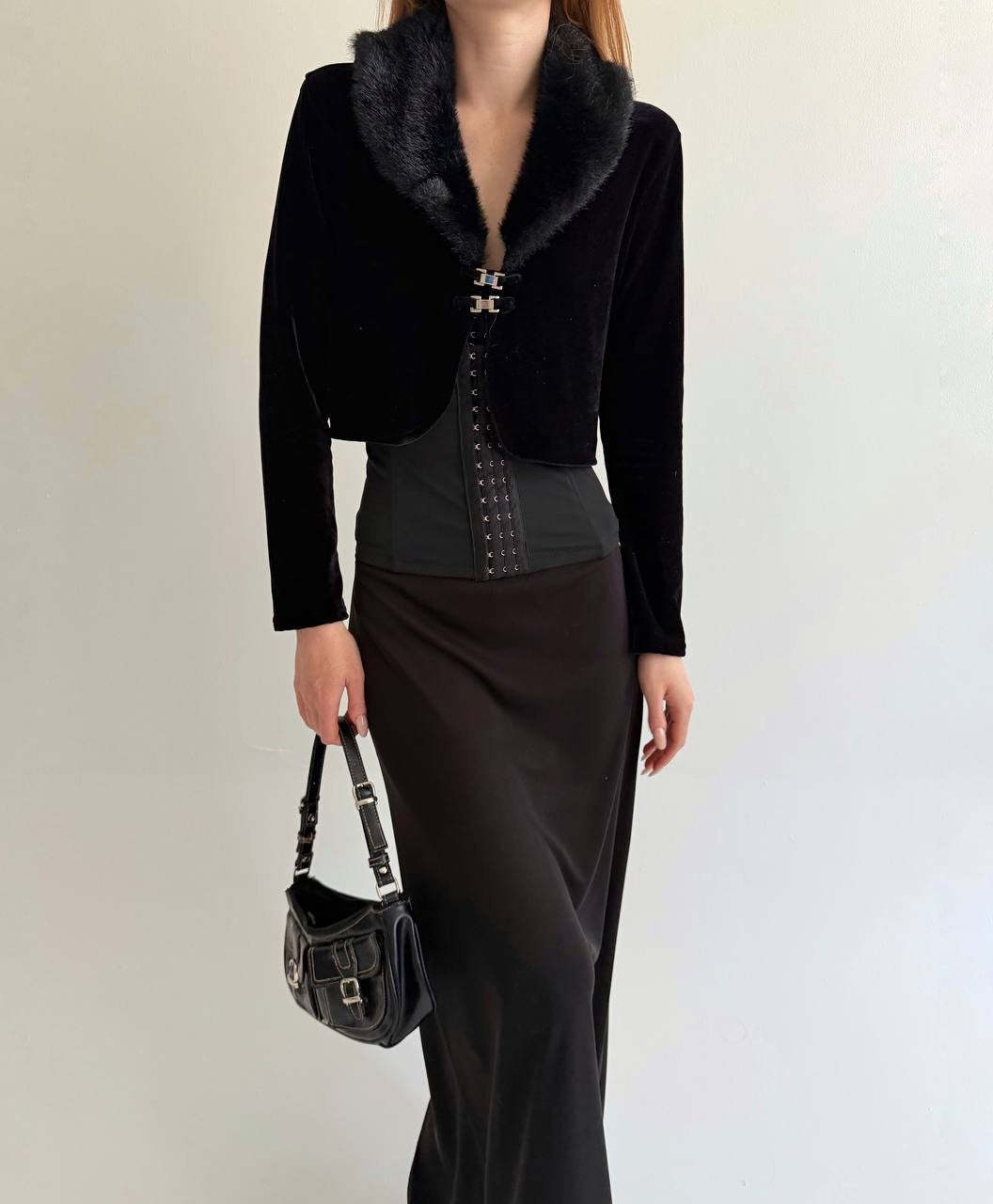 Vintage velvet cardigan with faux fur collar