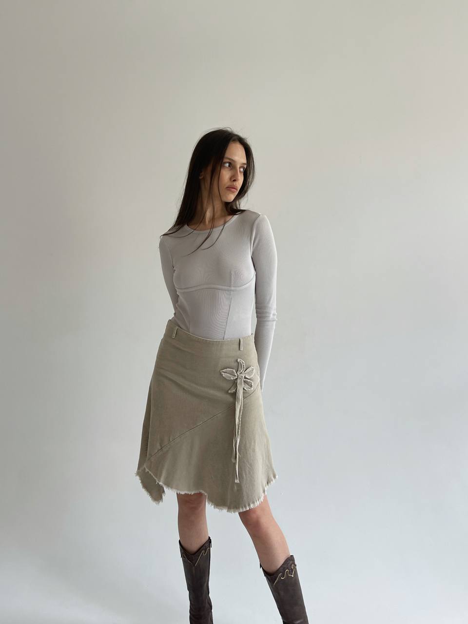 Vintage corduroy asymmetrical skirt with flower appliqué