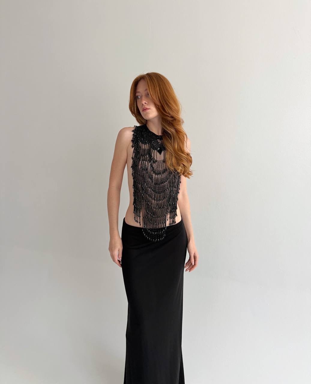 Vintage black beaded fringe mesh top accessory