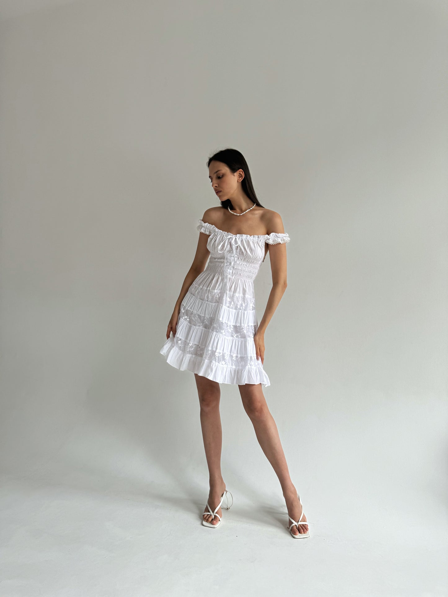 Y2K cotton white milkmaid dress with floral lace