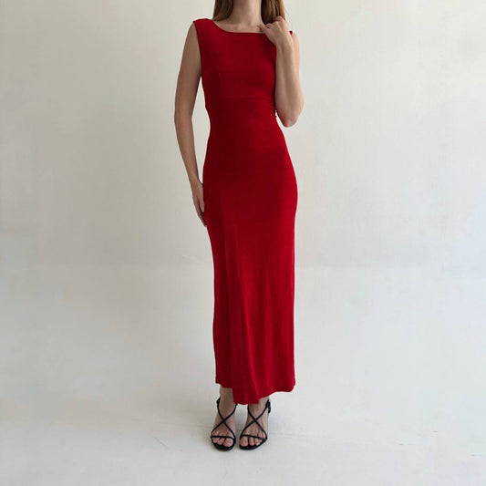 Vintage red fitted long dress with open back
