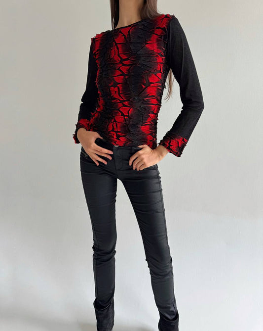 Vintage avant garde mesh deconstructed red blouse