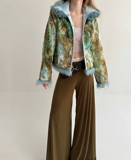 Vintage baby blue satin jacket with mixed faux