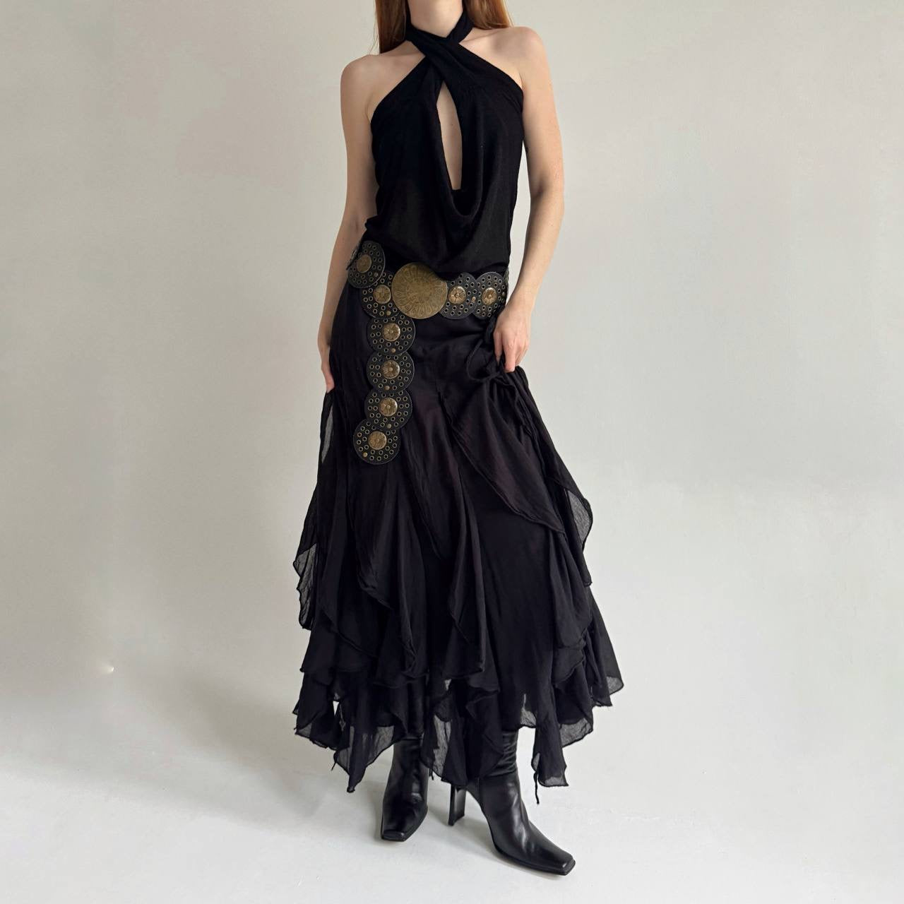Vintage cotton black ruffled maxi skirt