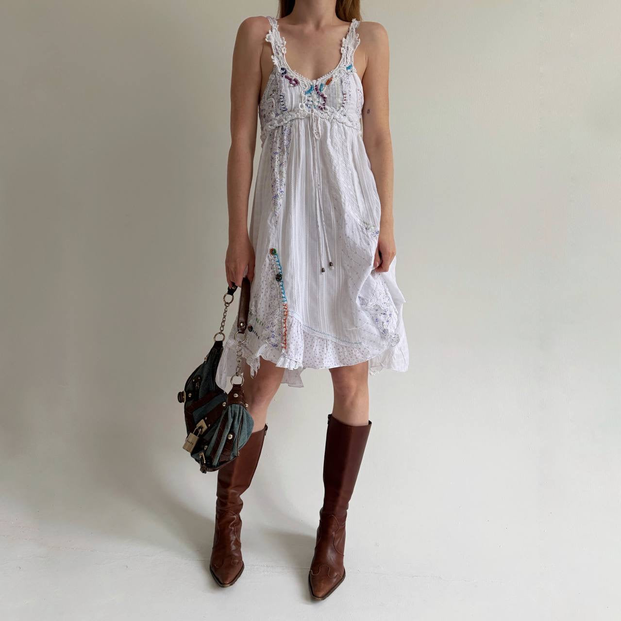 Vintage asymmetrical cotton dress with abstract embroidery