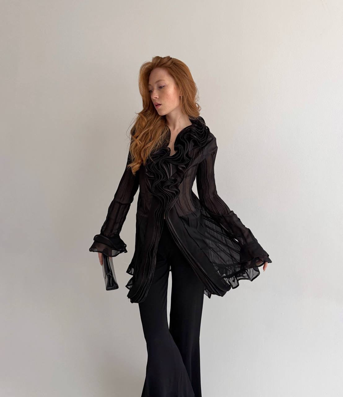 Vintage black ruffled semi sheer long blouse