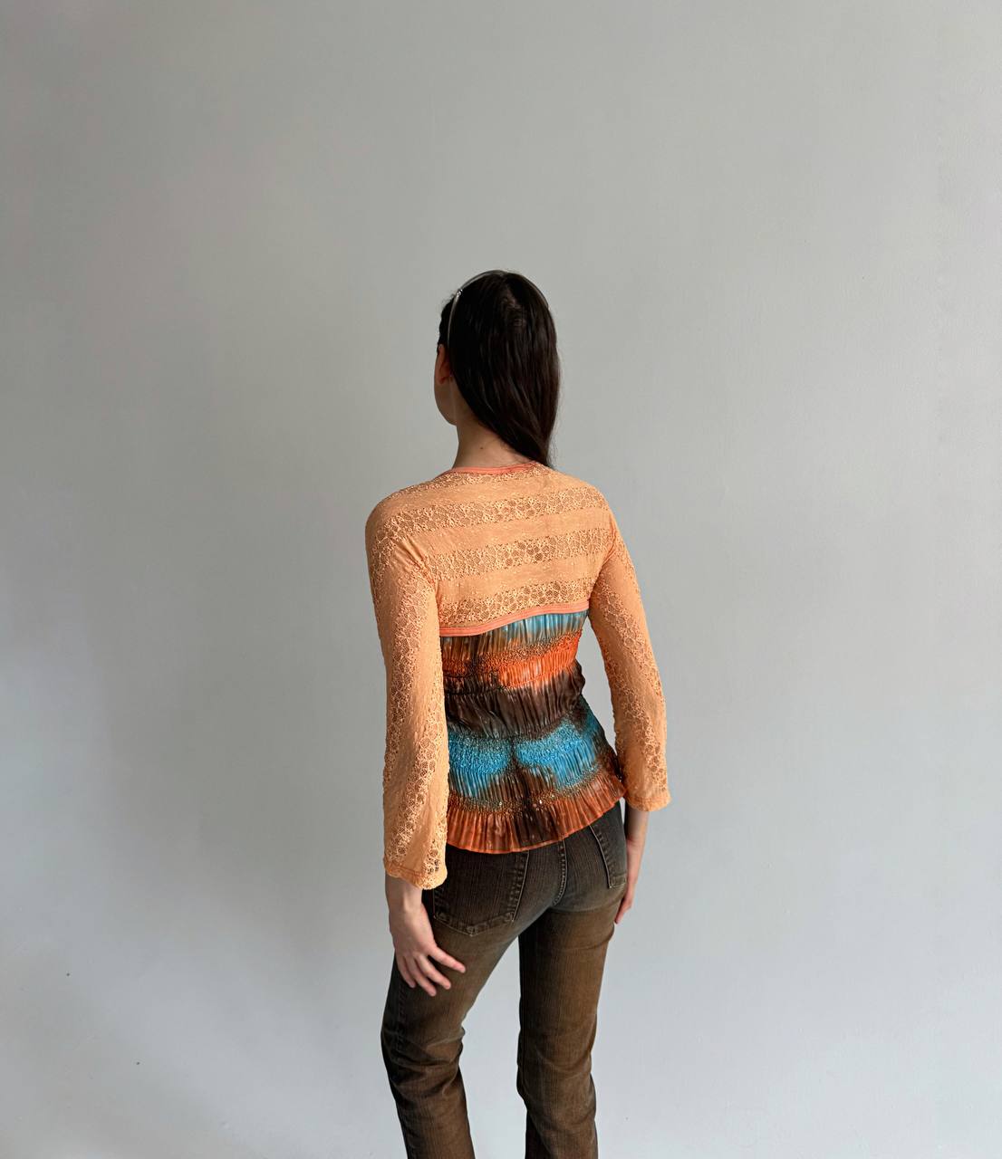 Vintage orange tie dye gathered lace top
