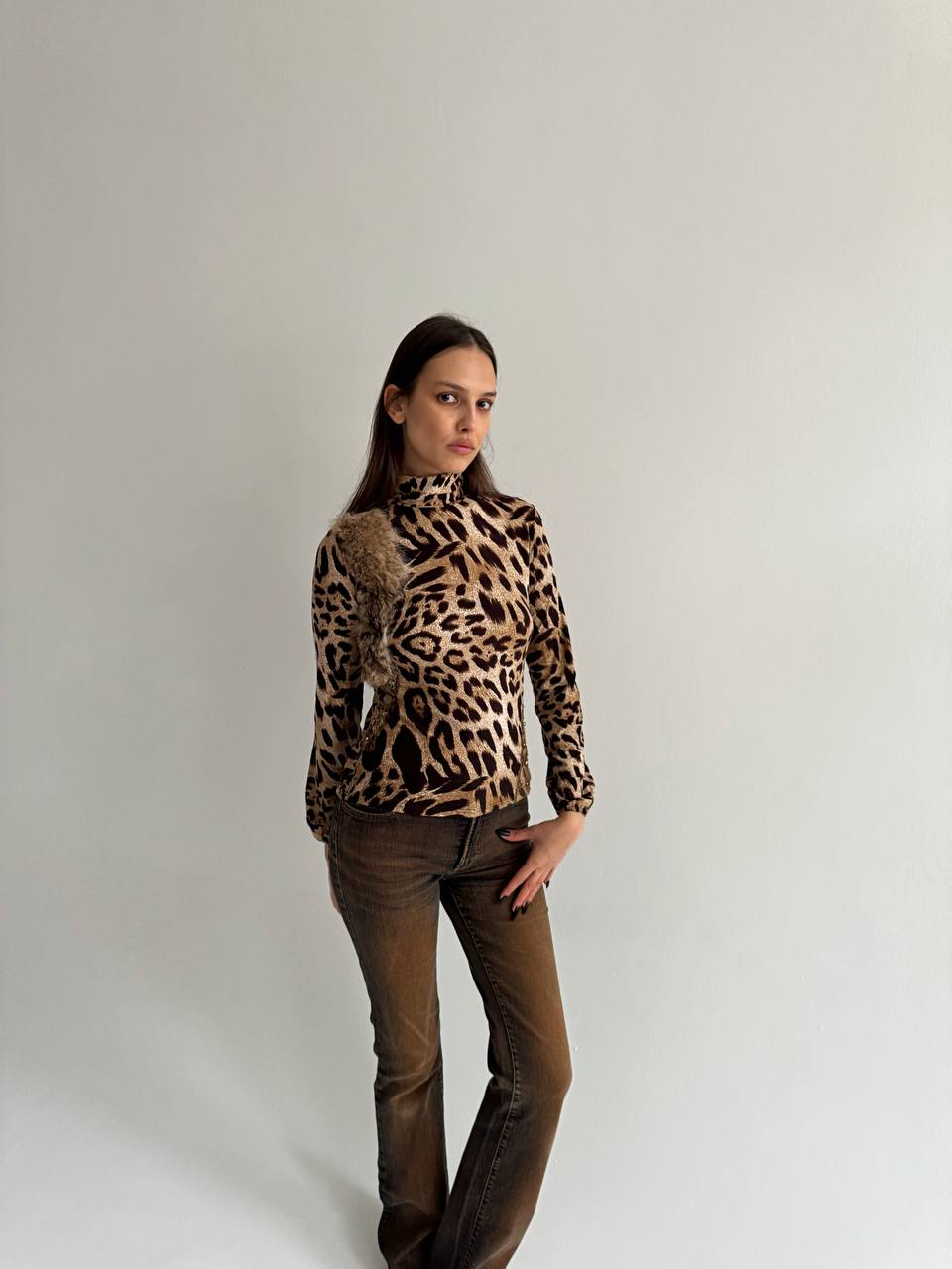 Vintage cotton leopard blouse with fur