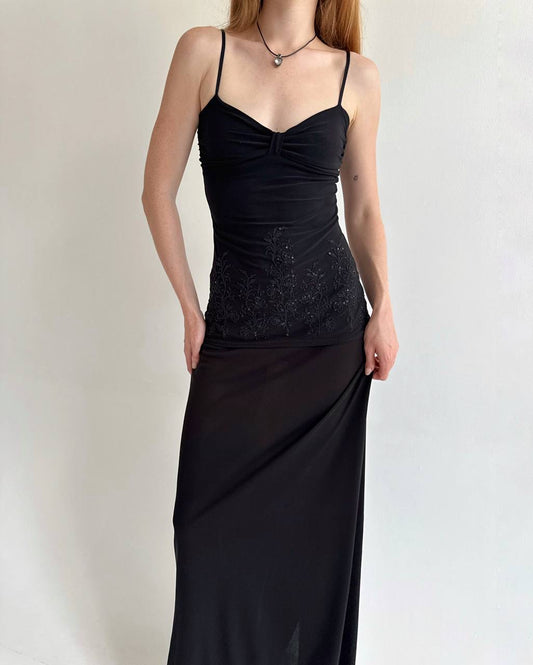 Y2K black cami top with beads embroidery