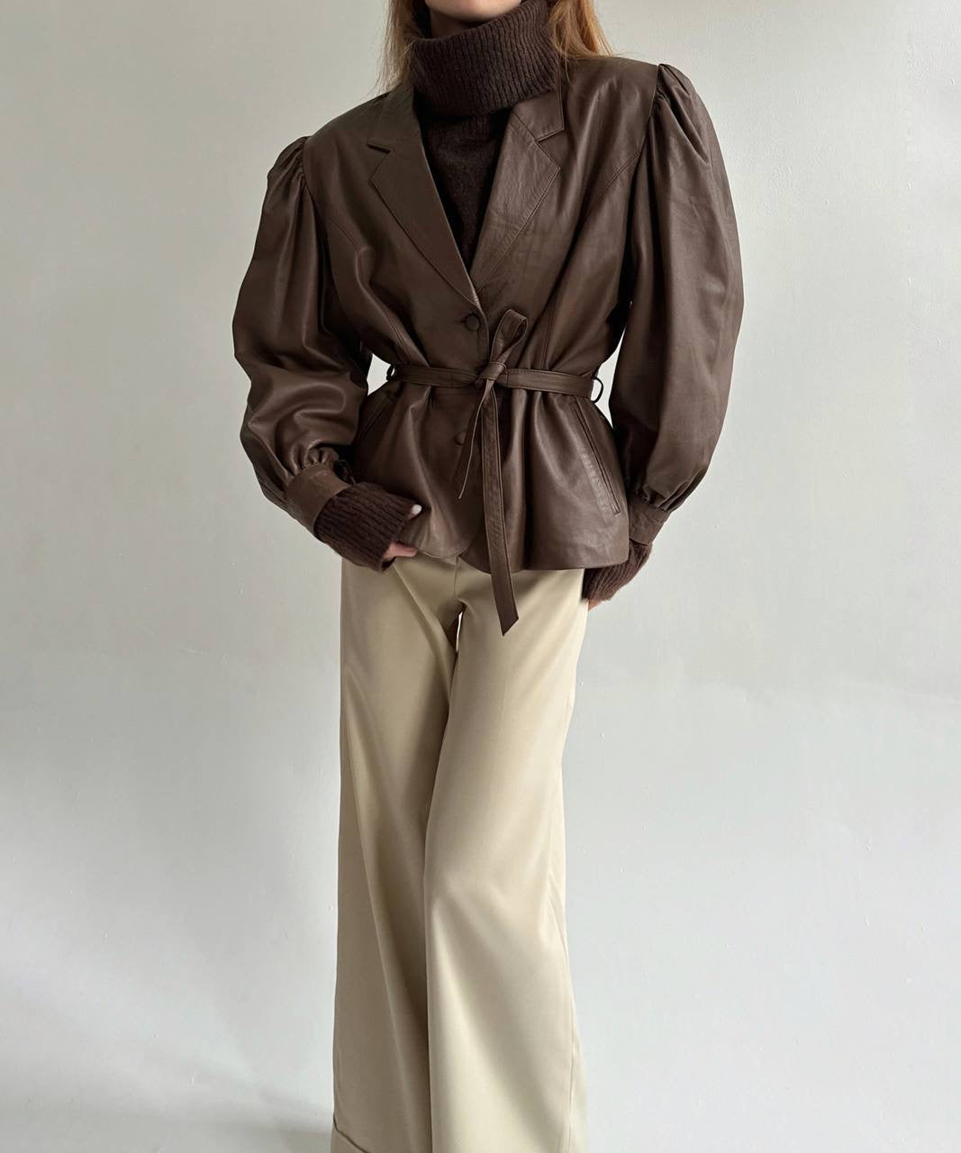 Vintage faux leather jacket with waist tie