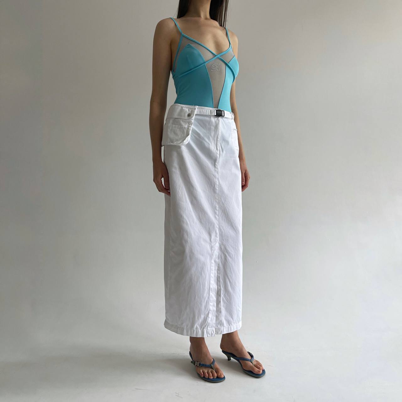 Vintage cotton maxi skirt in white with side pocket bag