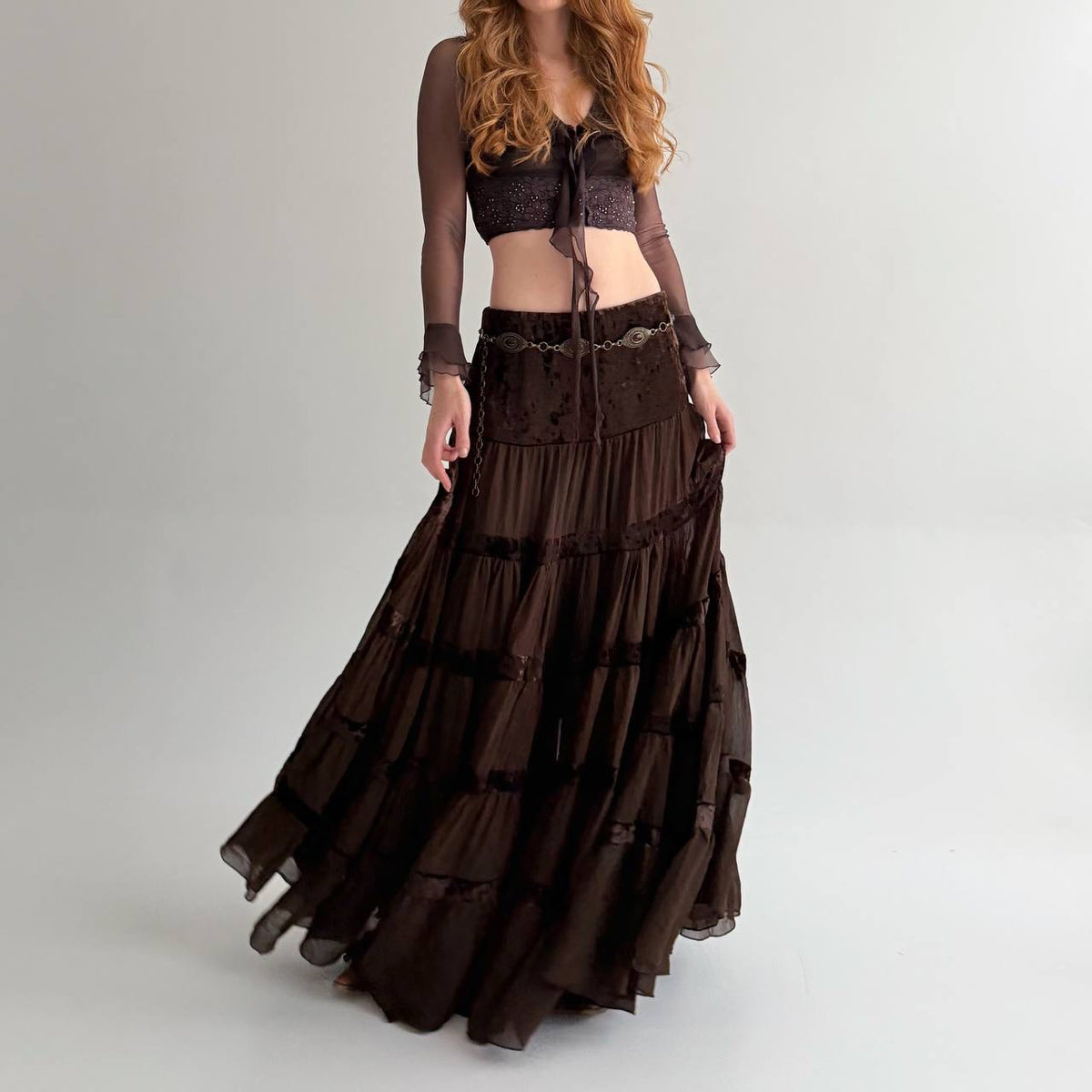 Vintage viscose brown sheer ruched maxi skirt