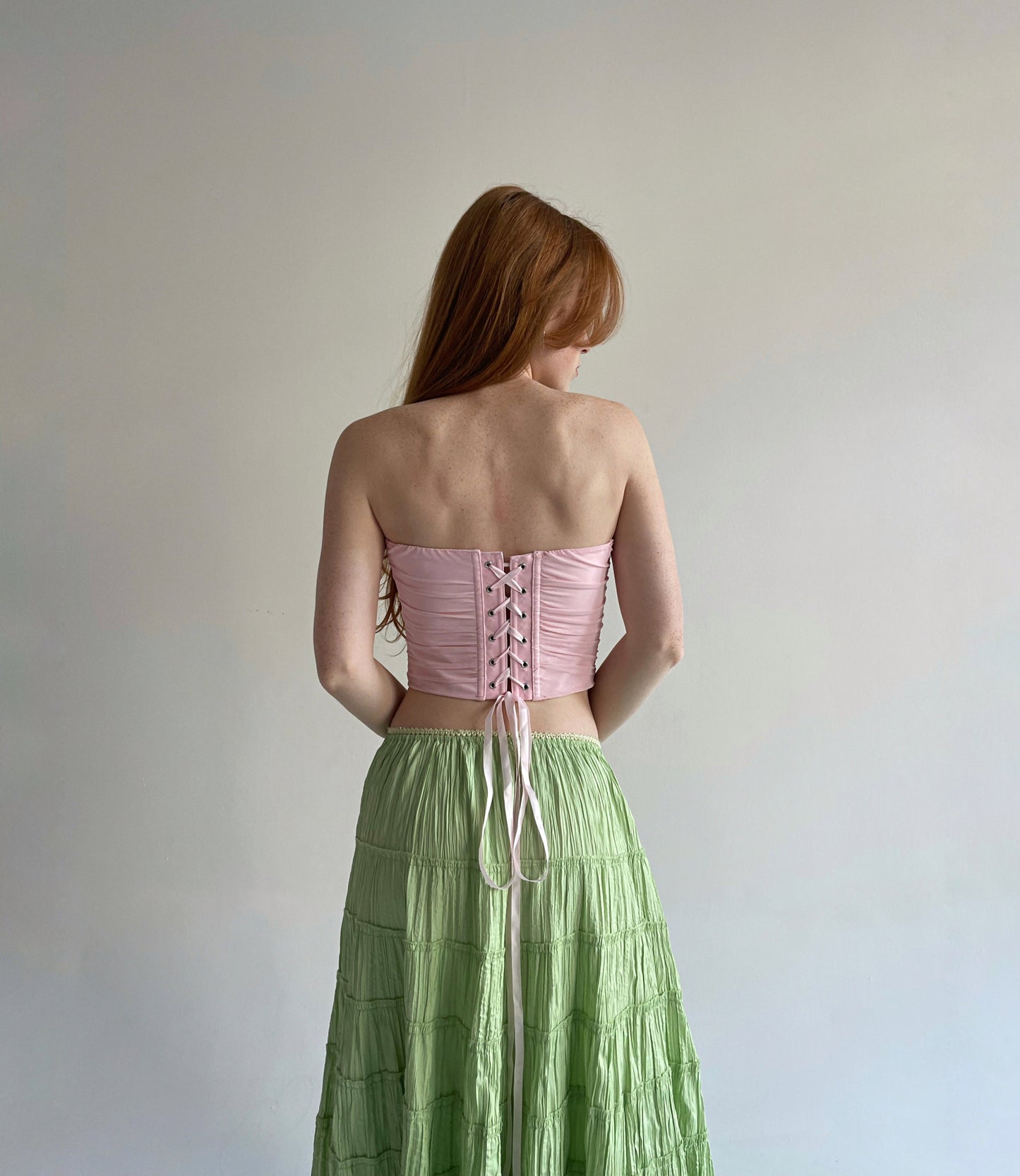 Vintage baby pink corset with organza ruched shell