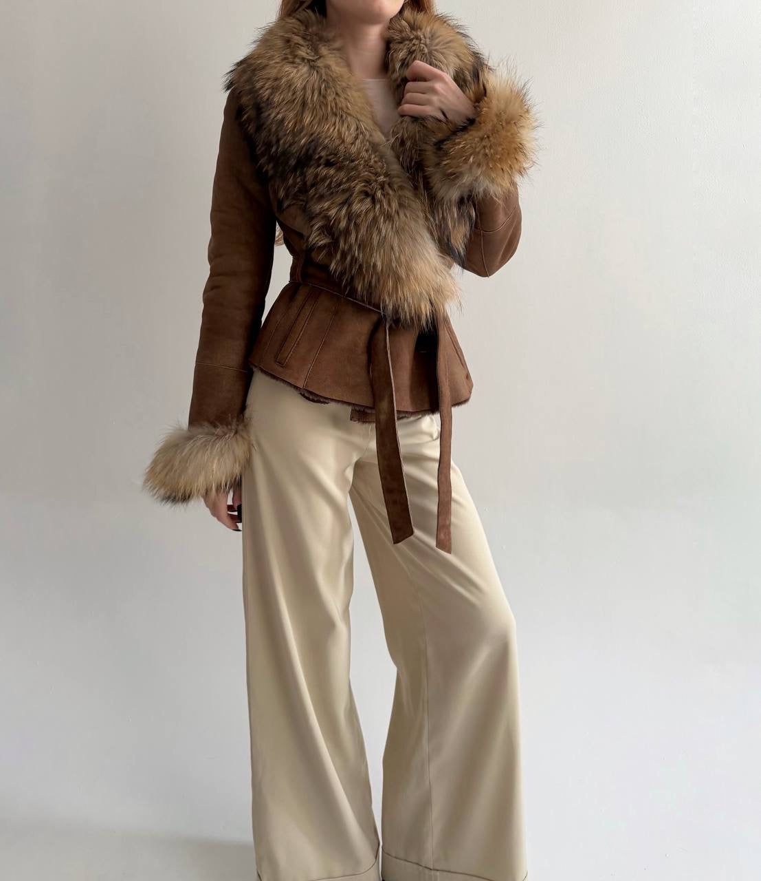 Vintage genuine leather jacket with real fur collar