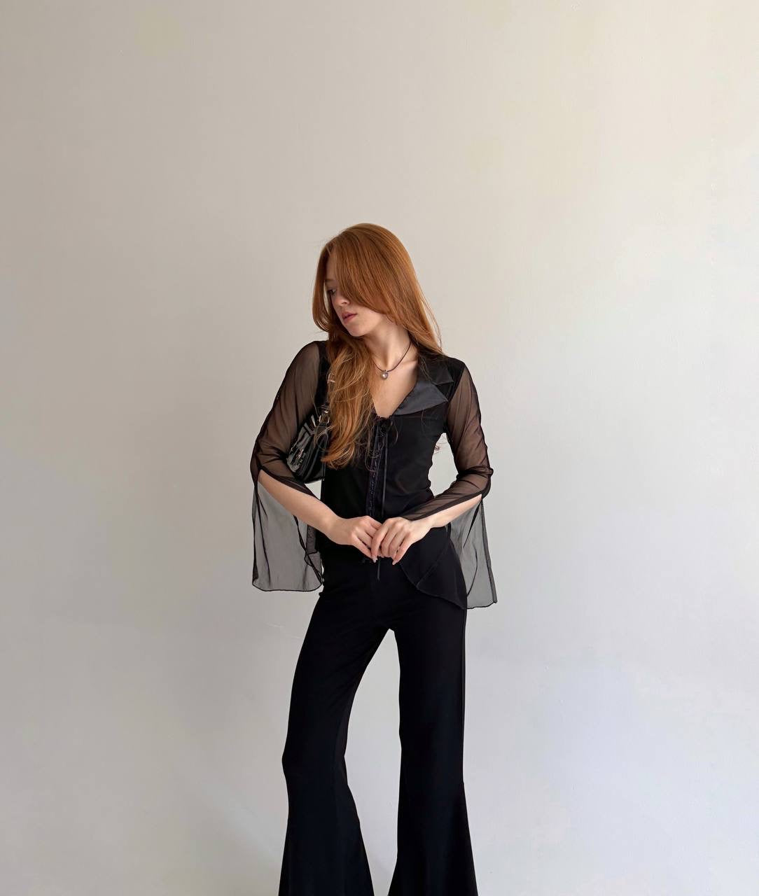 Vintage black blouse with sheer sleeves