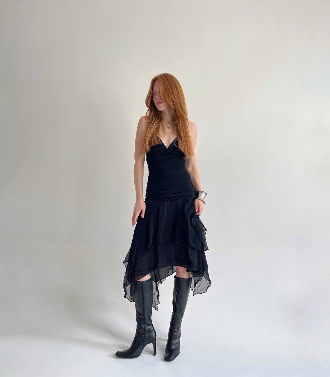 Y2K pure silk bottom black asymmetrical dress