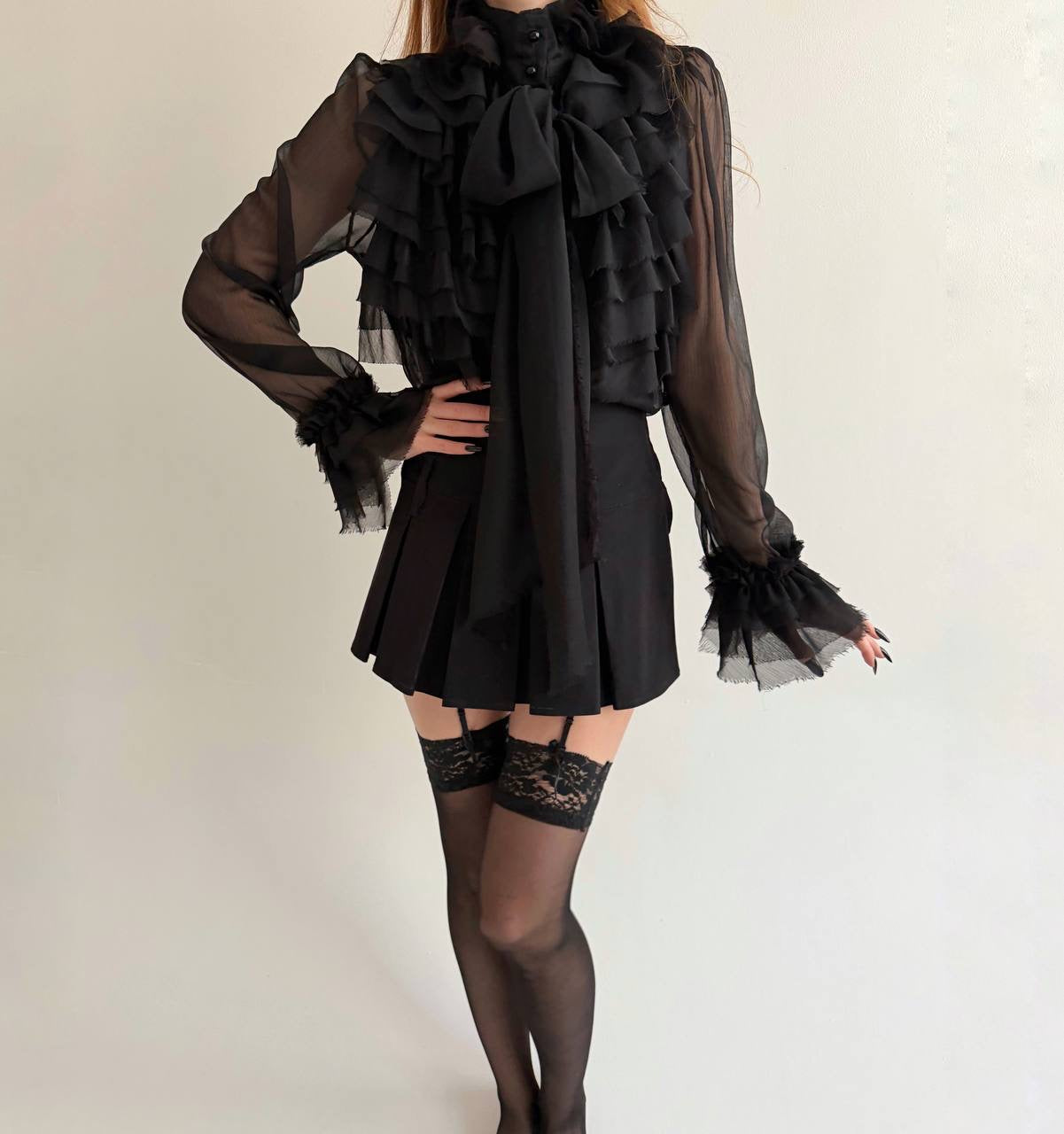 Y2K sheer black blouse with raw trim