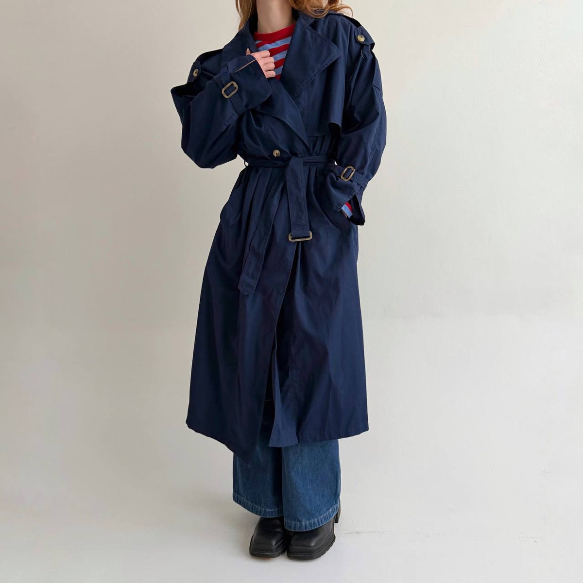 Vintage navy blue cotton blend trench coat