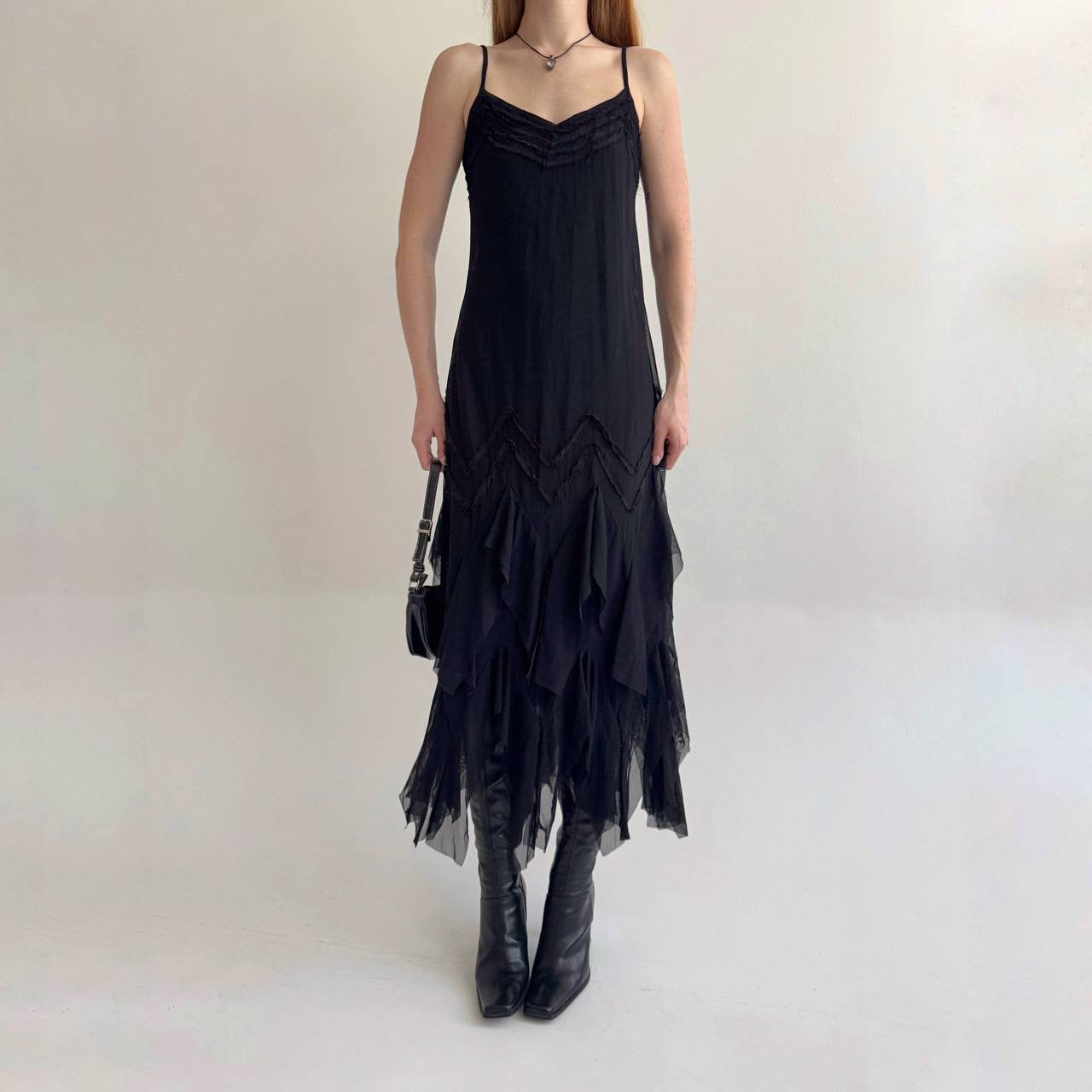 Y2K black asymmetrical slip dress
