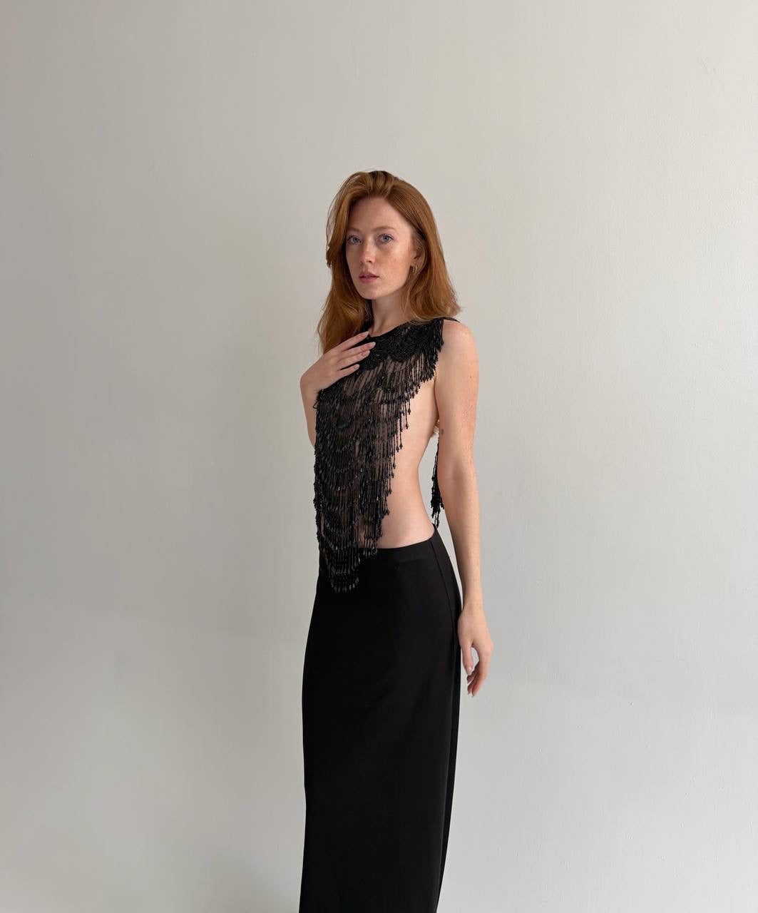Vintage black beaded fringe mesh top accessory