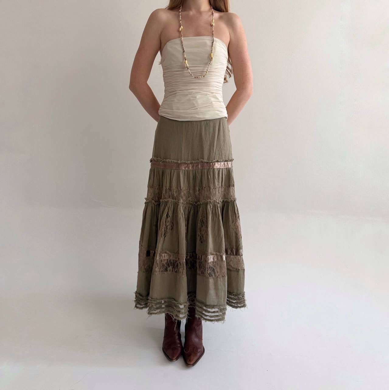 Vintage cotton long ruched skirt with lace