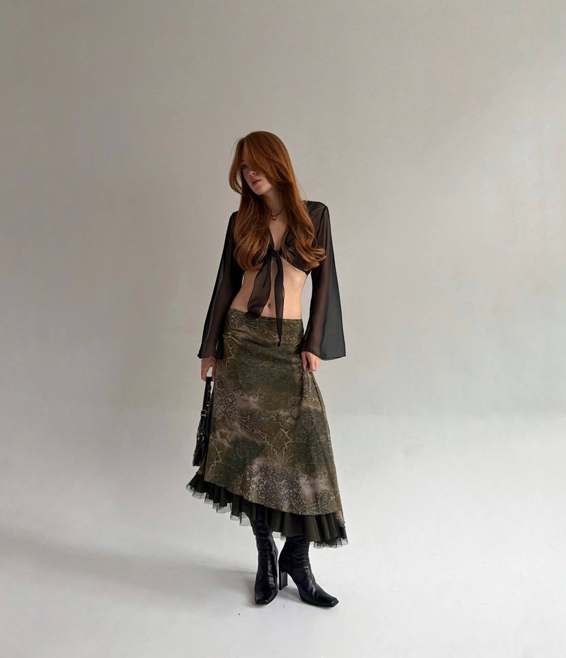 Y2K green printed midi asymmetrical skirt