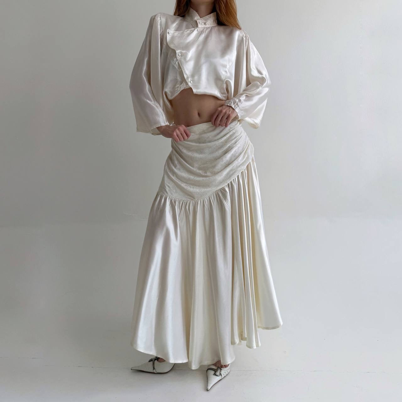 Vintage cream white maxi skirt with lace and eyelet fabric