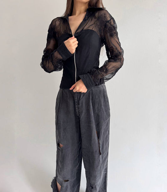 Vintage zip blouse with sheer detail