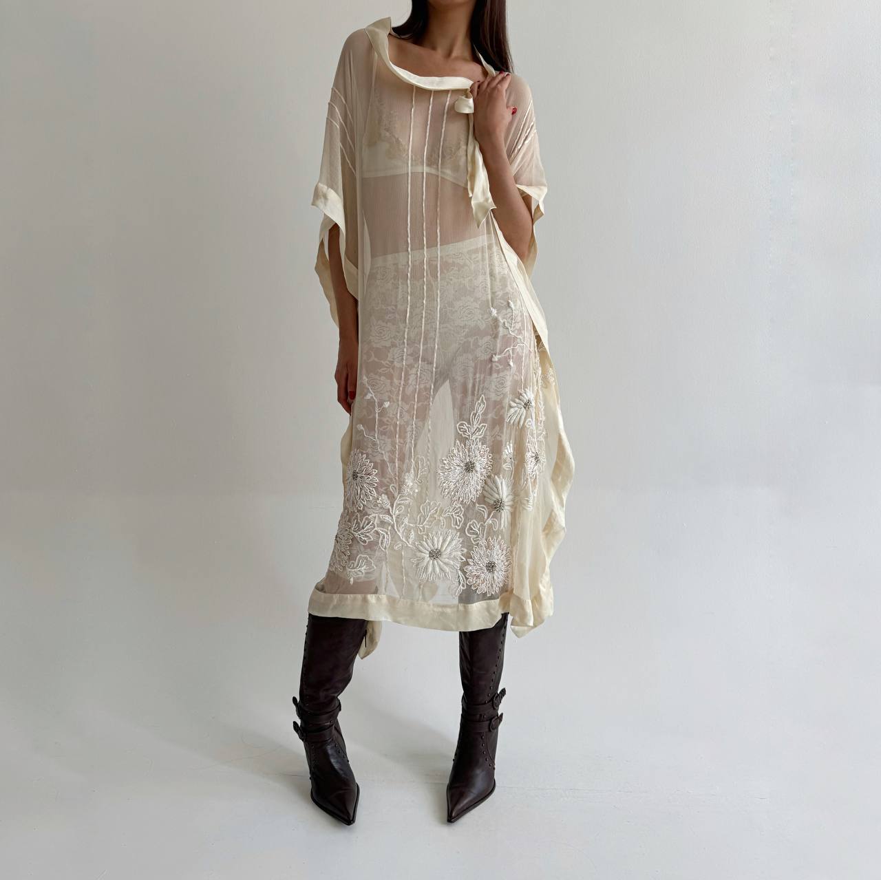Vintage pure silk beaded crepe sheer dress