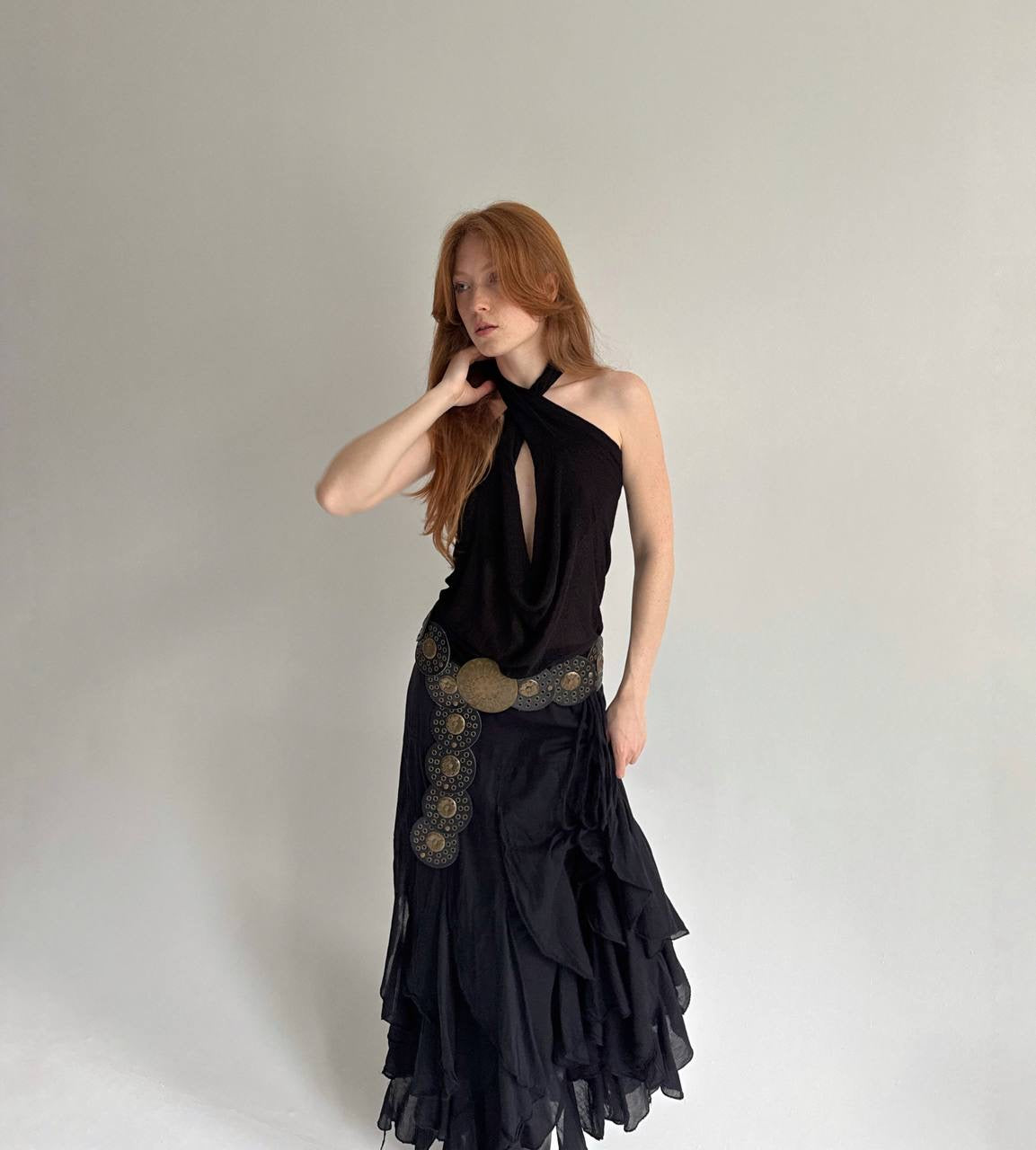 Vintage cotton black ruffled maxi skirt